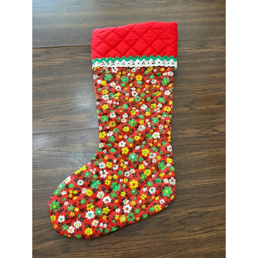 Vintage Handmade Christmas Stocking Floral Calico Quilted Elf Doll